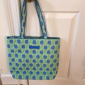 VERA BRADLEY tote bag 13 by 14 inches blue/ green with straps 11.5 inches long